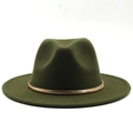 Elegant dark green wool fedora hat with gold chain band for winter fashion - M (56-58cm) / Army Green