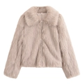 Close-up of fluffy faux fur jacket texture with zipper closure and large lapel collar - XS / Khaki