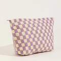 Knitted checkerboard makeup bag in purple and yellow pattern with secure zipper closure - Yellow and Purple Grid