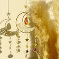 Macro detail of crescent moon suncatcher with crystals casting rainbow reflections - Opalite Moon Wind Chime