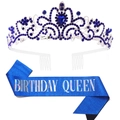 Blue Birthday Queen sash set with silver crystal tiara and sparkling blue rhinestones - One Size / Deep Blue Queen Set