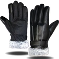 Men's black thermal leather gloves with anti-slip palm and grey fur lining cuffs - Three-Line Fur Cuff Style