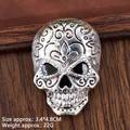 Retro gothic skull brooch in oxidized silver finish with ornate floral engravings - Antique Silver Embossed Skull (XZ25147)