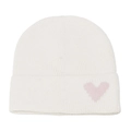 Detailed view of white ribbed knit beanie featuring a pink heart embroidery - M (56-58cm) / Beige