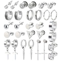 Polished silver stainless steel earring set featuring cross and geometric stud designs - Silver Geometric Cross Combination (36001)