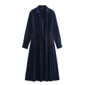 Elegant navy blue satin maxi dress with pleated skirt and classic shirt collar - XS / Dark Blue