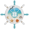 Decorazione da parete a timone in legno con stelle marine e conchiglie su bianco - Modello A (80853) / Blu