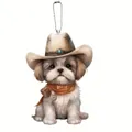 Acrylic Shih Tzu dog pendant with cowboy hat and brown scarf for car or bag decoration - 30-Western Cowboy Shih Tzu