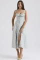 Detailed view of light blue floral dress with side slit and drawstring bow decoration - S / Top And Bottom / Green with Yellow Floral