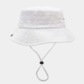 Detail of white cotton bucket hat featuring reinforced brim and adjustable drawstring - Plain White