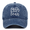Berretto da baseball vintage in cotone lavato blu navy con ricamo Faith Over Fear - Regolabile / Blu navy