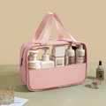 Pink PU leather toiletry bag with PVC transparent window and dual handles for travel - Large / Pink