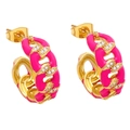 Detail of pink enamel cuban link hoop earrings with sparkling white cubic zirconia - Rose Red