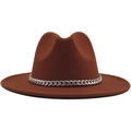 Classic dark brown wide brim fedora hat with a glossy silver metal chain decoration - Caramel color