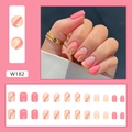 Short square press-on nails set W182 with pink and yellow abstract wave patterns - Colorful Summer (W182)
