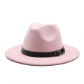 Detailed view of pink fedora hat with brown leather band and bronze metal buckle - Pink