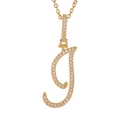 Close-up of golden script letter J pendant featuring micro-pave white zircon stones - I (Gold)