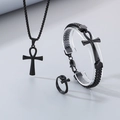 Set de joyas Ankh de acero inoxidable negro con collar, pulsera tejida y anillo - Talla 11 / Conjunto de 3 Piezas Negro