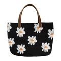 Schwarze Canvas-Tragetasche mit Gänseblümchen-Print und braunen Ledergriffen für Damen - Gänseblümchen