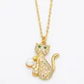 Minimalist gold cat pendant necklace with pavé zircon stones and a round pearl charm - Golden Cat (Jeweled Eye)