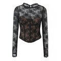 Top estilo corsé de encaje negro para mujer con mangas largas y texturas florales sexys - S / Negro