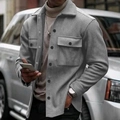 Detailed view of grey wool-textured shirt jacket with double chest pockets and dark buttons - S / Light Gray