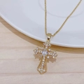 Retro punk cross pendant necklace with sparkling cubic zirconia on a gold chain - Necklace / Gold White Zirconia
