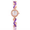 Purple and rose gold quartz watch with rhinestone bezel and leaf style metal chain - Purple