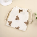 Minimalist cream muslin drawstring storage bag with cute brown bear prints for babies - Single Bear
