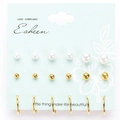 9-pair set of white imitation pearls and golden ball stud earrings with gold hoops - Gold (6735)