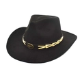 Detail of western cowboy hat featuring a black felt finish and metal bull head buckle - Black