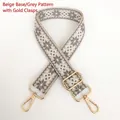Macro view of 3.8cm canvas bag strap with grey diamond jacquard and gold metal hooks - Beige Grey Gold Hook