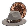 Grey felt wide brim fedora with leather bull head band and stylish leopard print lining - M (56-58cm) / Light Gray