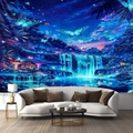Detailed view of large dreamlike forest tapestry with glowing butterflies and waterfall - 300 X230cm / Dreamy Forest Butterfly