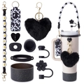 Detail set of black daisy woven strap cow pattern sleeve and silicone straw caps - Black & White Cow Print Set