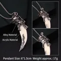 Gothic wolf head pendant necklace featuring acrylic tooth and carved alloy details - Wolf Tooth No.11 + 70cm Steel Chain