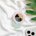 Supporto per telefono a fiore con motivo a scacchi rosa e verde e specchio interno - Tulipano a Scacchiera Rosa e Bianco