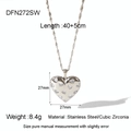 Detailed view of silver heart pendant with cubic zirconia and stainless steel chain dimensions - Necklace - Silver - White Zirconia - Style A(DFN272SW)