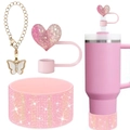 Pink glitter water bottle accessories set with butterfly chain, heart straw cap and rhinestone boot - Gold Butterfly Chain + Pink Heart Straw Cover + Pink Rhinestone Boot / Pink