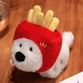 Plush white puppy slap bracelet wearing a red French fries hat with yellow details - French Fries Dog