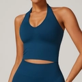 Deep blue halter neck seamless sports bra and matching high waist fitness leggings - S / Blue