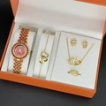 Golden 5pcs jewelry gift set featuring red crystal quartz watch and heart pendant set - 4-154e1 Red [no Box]