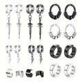 Variety set of stainless steel earrings and ear clips in black and silver punk styles - Black Silver Animal Pattern Lightning Set (36047)