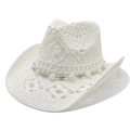 Chapeau de cowboy en paille blanche avec perles bohèmes et large bord pour protection solaire - M (56-59cm) / Blanc