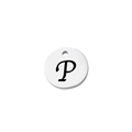 Macro shot of mirror-polished silver stainless steel round charm with engraved letter P - Letter P