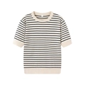 Jersey de punto beige minimalista con cuello redondo y rayas negras clásicas - S / Rayas Manga Corta