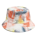 Detailansicht des bunten Tie-Dye Fischerhuts mit verstärkten Nähten an der Krempe - Orange Gelb Grau Splatter Graffiti (Muster 5#)