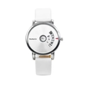 Minimalist white leather watch with unique rotating SEC MIN HOUR dial and silver case - Leather White / White