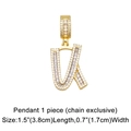Close-up of gold iced-out letter K pendant with zircon baguette stones, 1.5 inch size - Letter U Pendant