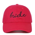 Close-up of red cotton baseball cap featuring black bride script embroidery details - Adjustable / Rose Red